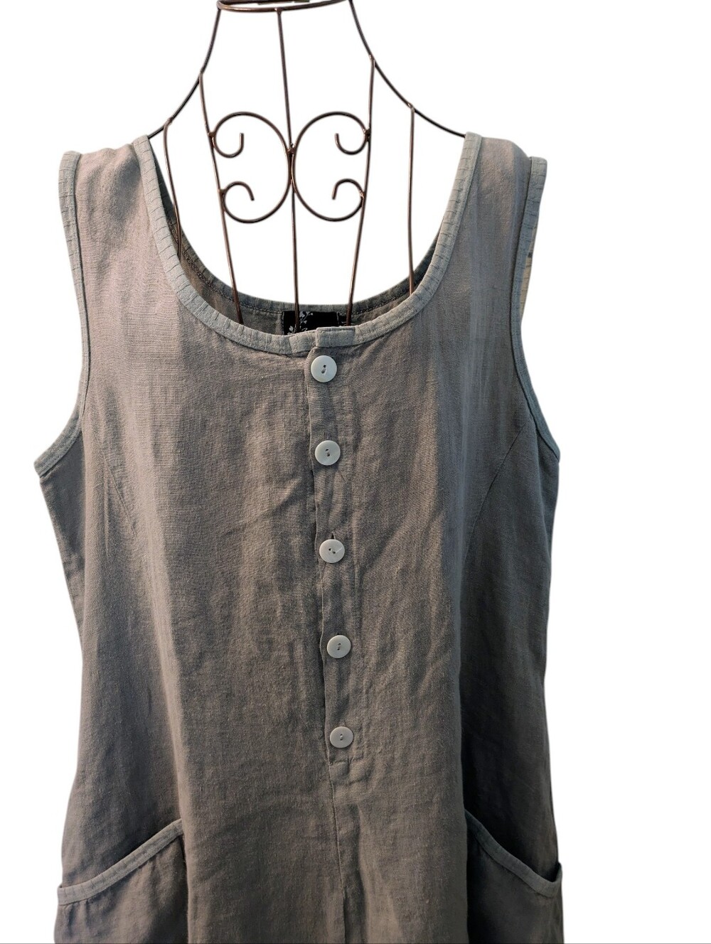 Fenini Sleeveless Button-Front 100 %Linen Maxi Dress in Slate Gray